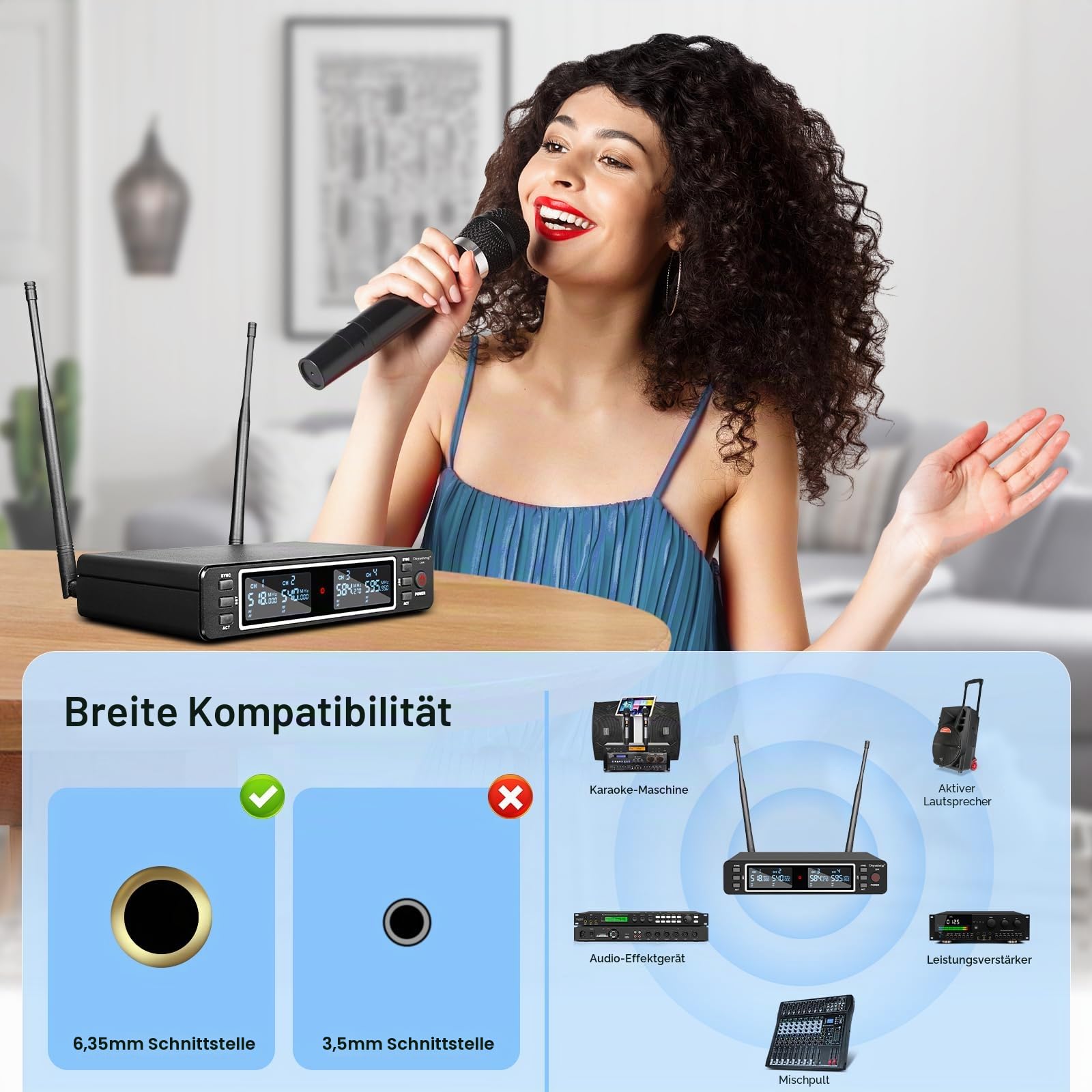 Depusheng LK4 Pro Kabelloses Mikrofonsystem, 4-Kanal UHF einstellbare Frequenzen, schnurloses Mikrofon mit 4 dynamischen Handmikrofonen, 260 Fuß Reichweite, Mikrofon für Gesang, Kirche, Karaoke, Party