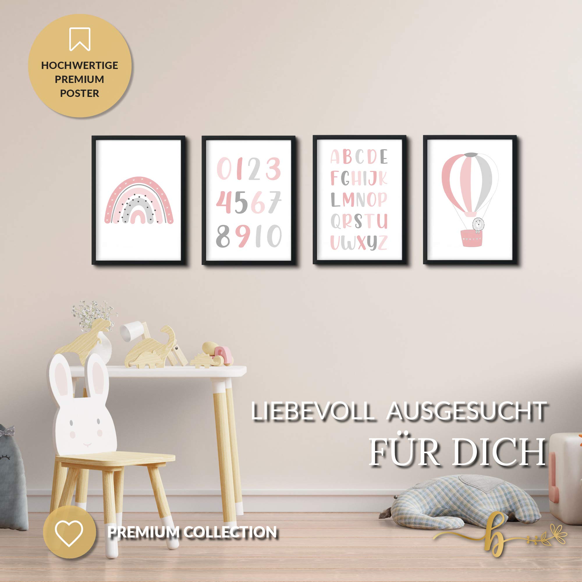 Lot de 4 posters décoratifs pour chambre d'enfant - Pour chambre de bébé garçon et fille - 4 images encadrées dans un cadre noir en bois - 4 x DIN A4 - « Alphabet Rose »
