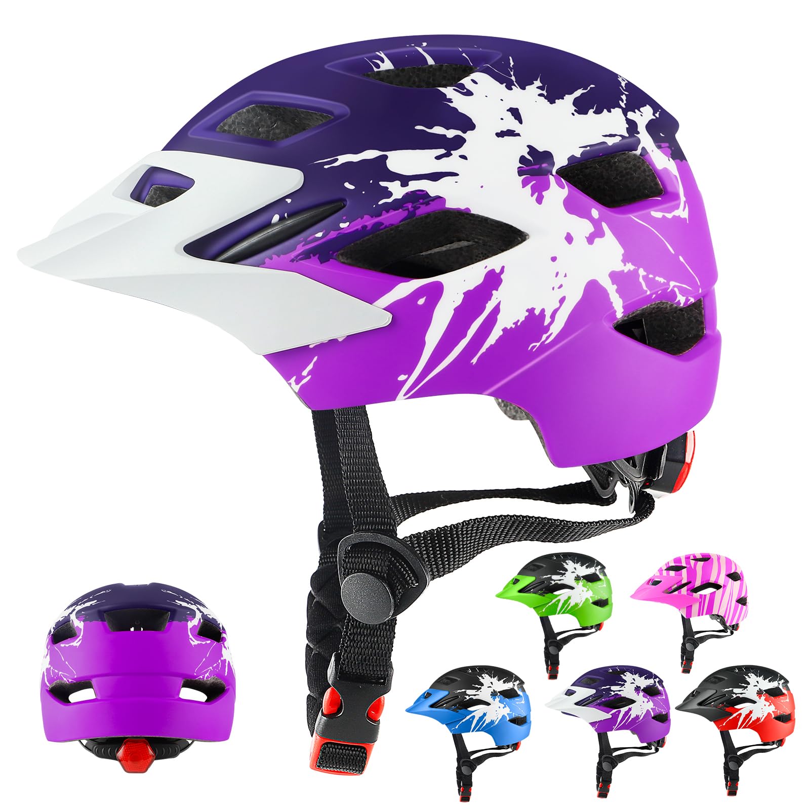 Kids Helmet, Kids Bike Helmet for Boys Girls Age 5-14, Light Weight Cycling Helmet Mountain Bicycle Helmet with Taillight Adjustable Dial Removable Visor(50-56CM)