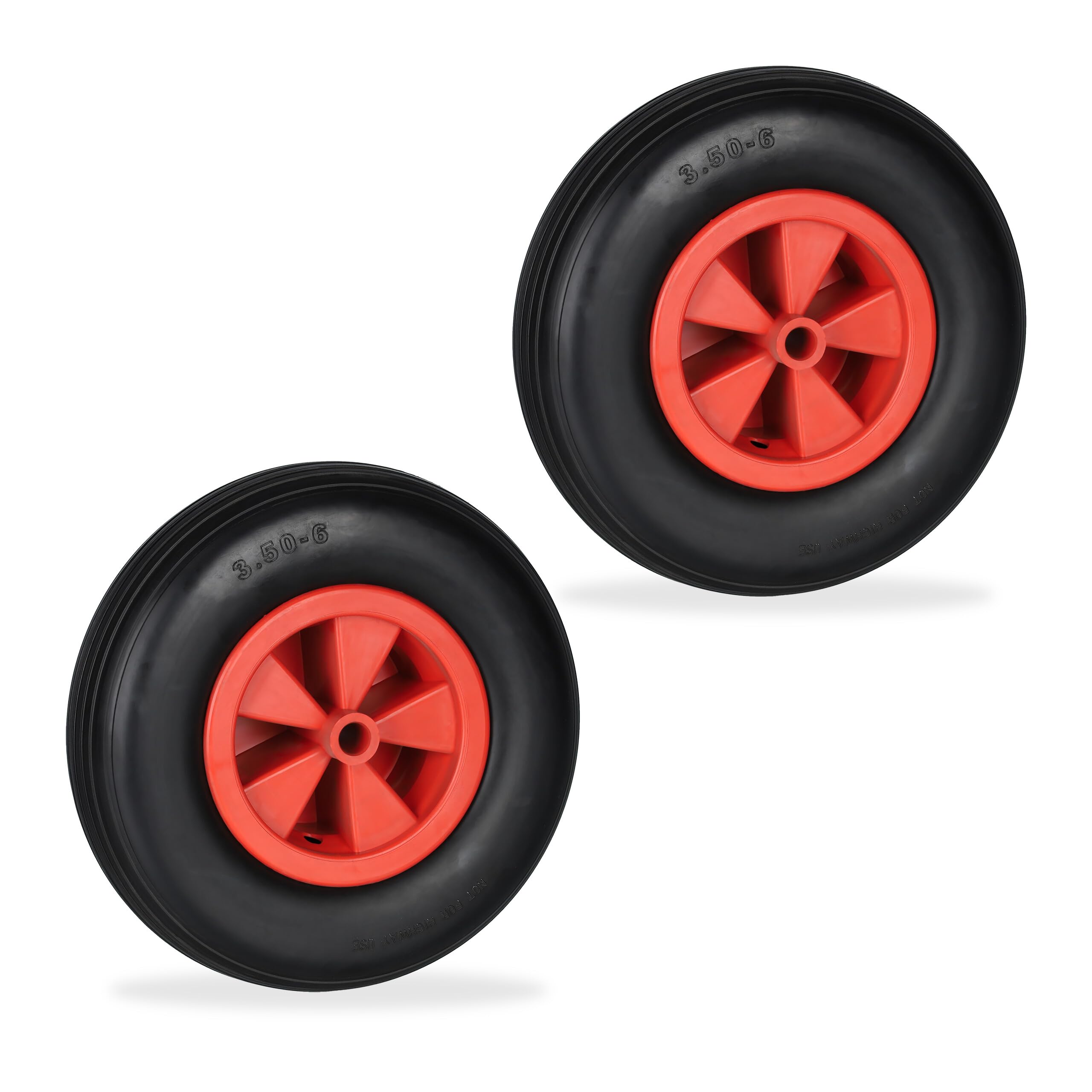 Relaxdays Wheelbarrow Tyre, 2X Spare Wheels, Rubber, Puncture-Proof, 3.50-6", Max. Load 100 kg, 17 mm Axis, Black/Red, 33 x 9 cm