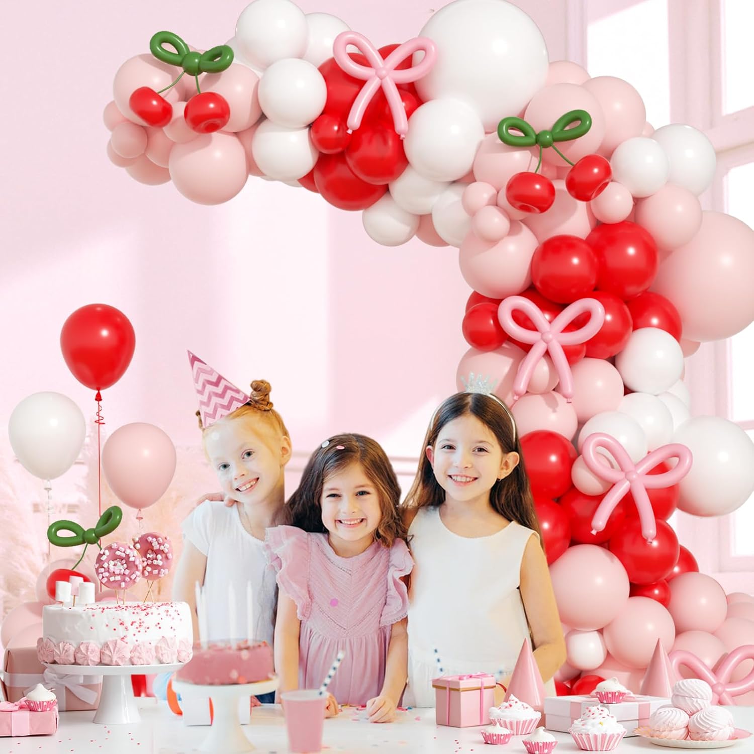138pcs Cherry Balloon Arch Kit with White Red Pink Green Long Balloons for Cherry Baby Shower Birthday Party Decorations - Image 7