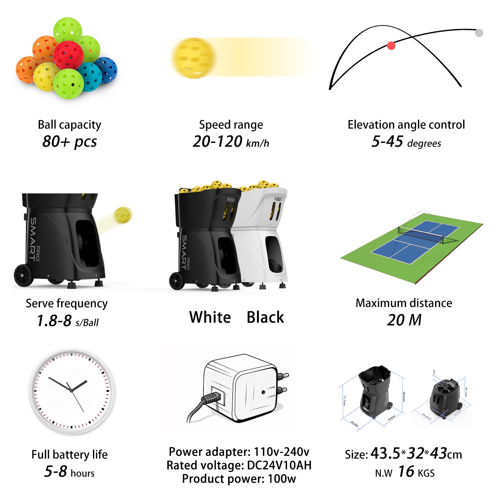 PP-Smart Pro - Máquina de pickleball | 80+ capacidad de bola, 75 MPH, lobo de 45°, control remoto, lanzador de bolas portátil con batería de 6 horas para práctica de entrenamiento