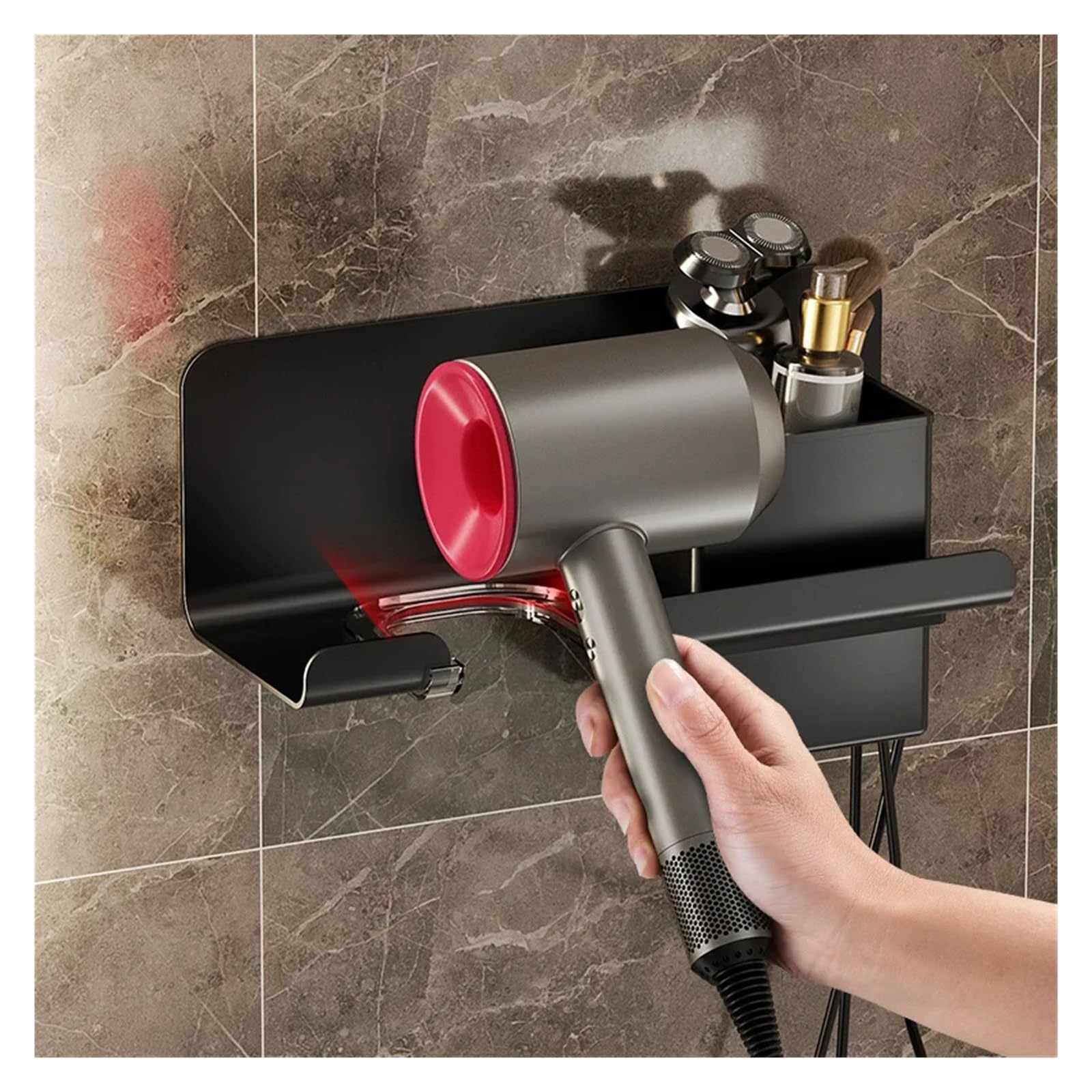 Soporte para Secador de Pelo Soporte de secador de pelo montado en la pared, estante de baño de aluminio espacial, secador de pelo organizado, alisador de afeitar, almacenamiento, accesorios de baño (