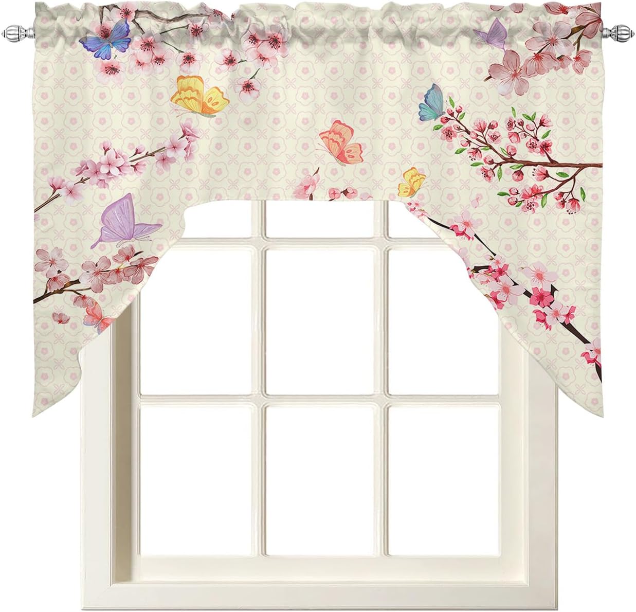 Swag Curtain Valances for Kitchen Windows, Farmhouse Chicken Flower Ink Painting Beige Rod Pocket Small Windows Treatment Curtain Panel for Cafe Bathroom Farmhouse Dining Room
