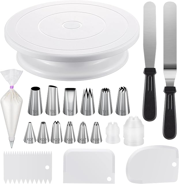 InnoGear Cake Turntable, Rotating Cake Stand with 3 Icing Smoother, 12 Cake Piping Nozzles Tips, 2 Coupler and 50 Disposable Pastry Bags, Straight & Offset Spatula, Stainless Steel