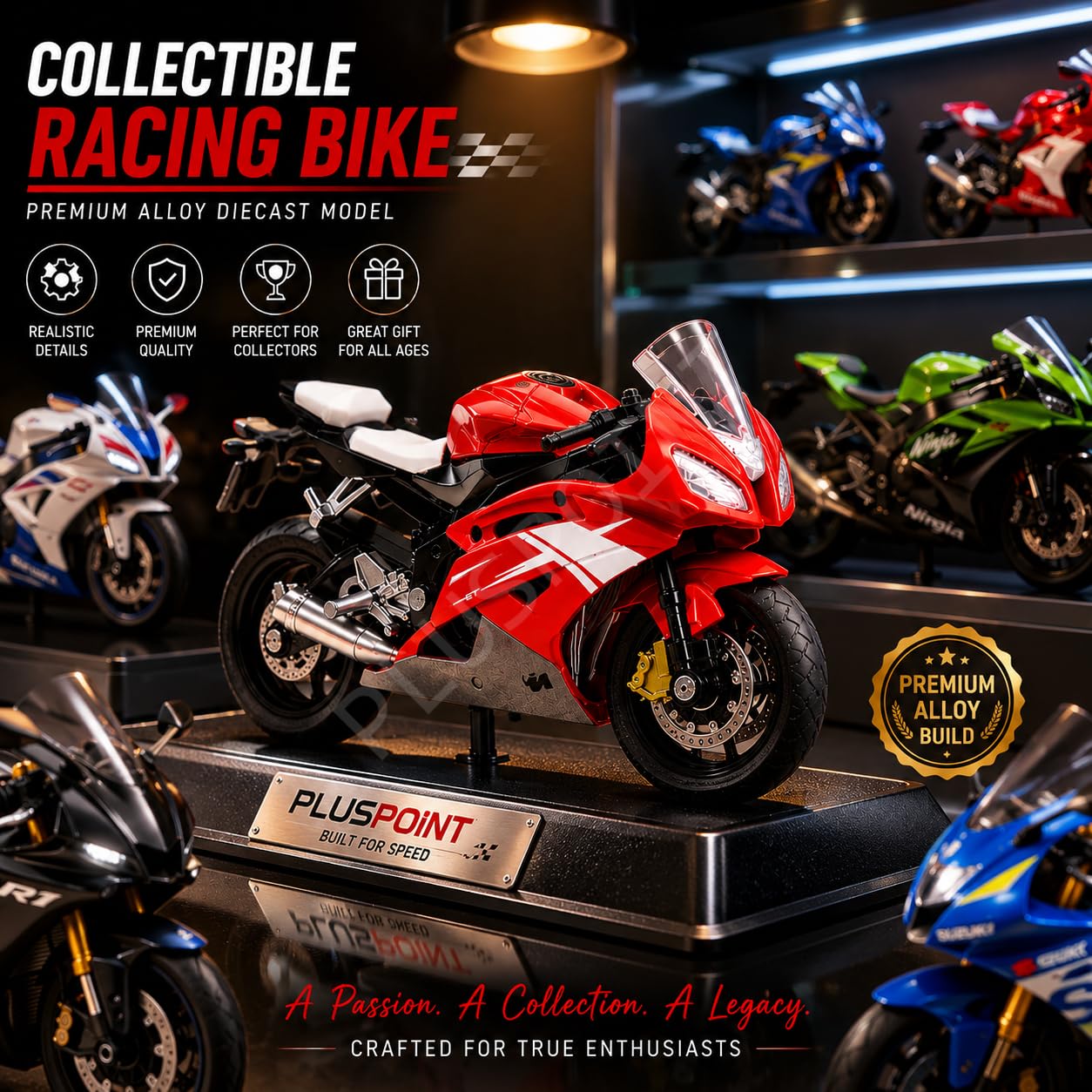 PLUSPOINT Diecast Motorcycle Toy Bike Scale Model Vehicles Alloy Simulation Superbike Also for Car Dashboard Adult Alloy Motorbike Toy Simulation Model Vehicle Toy Street Machine Kids Gift 4