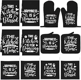 Bencailor 12 Pcs Black Kitchen Decor and Accessories Set | 4 Kitchen Towels, 4 Square Dishcloths, 2 Pot Holders, 2 Oven Mitts, Farmhouse Rustic Decor for Home, Cooking Baking Gifts