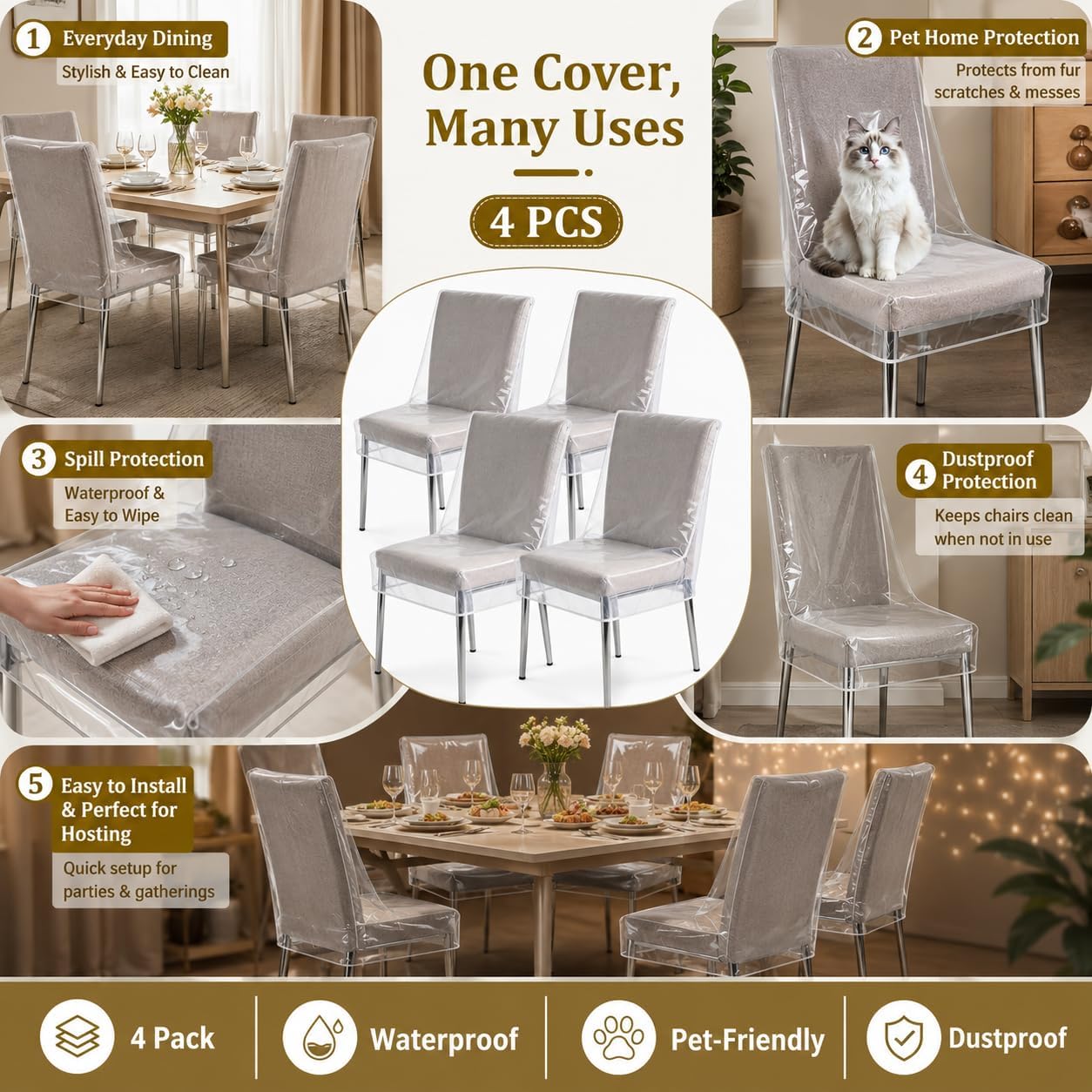 Set of 4 Plastic Chair Covers for Dining Chairs, Plastic Dining Room Chair Covers, Clear PVC Protector 21 x 18 x 23 Inch for Kitchen, Home and Party Seating