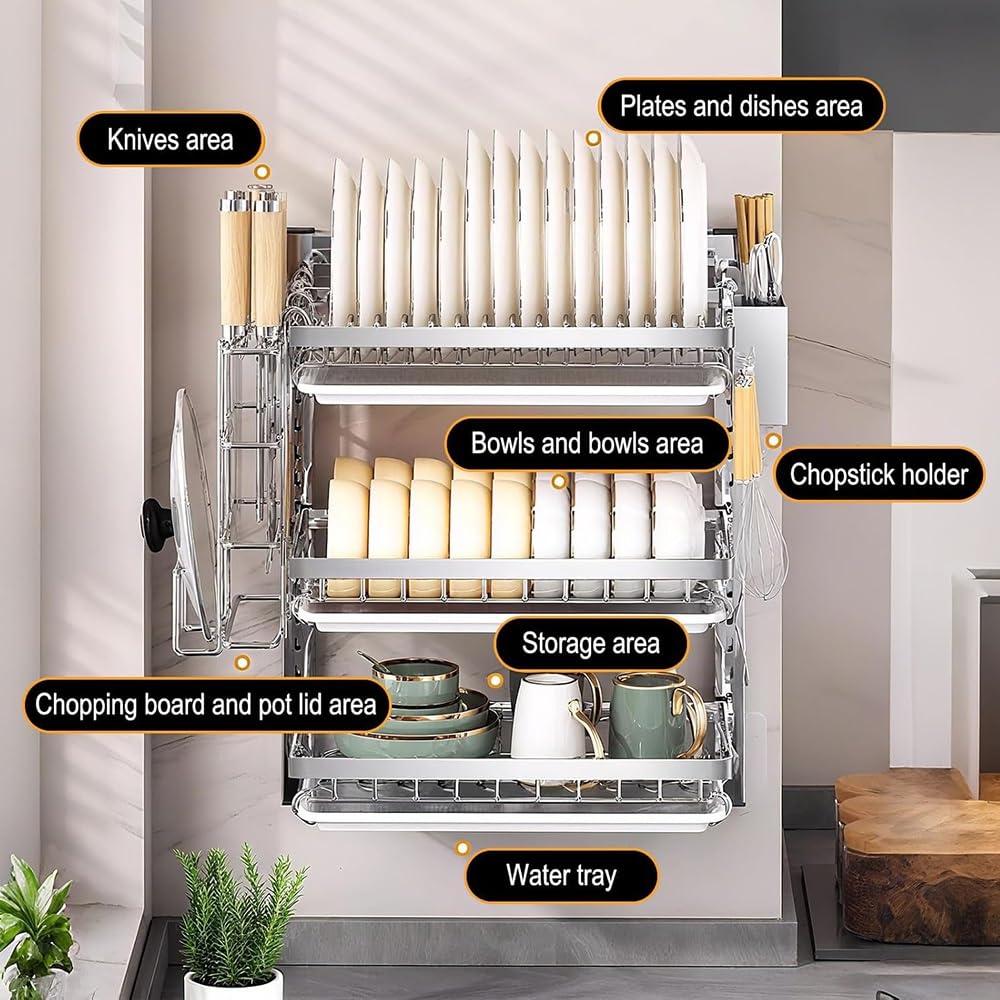 Égouttoir à vaisselle mural pliable avec plateau amovible Cuisine en acier inoxydable pour assiettes, verres, tasses et bols. Montage facile et peu encombrant pour les cuisines modernes
