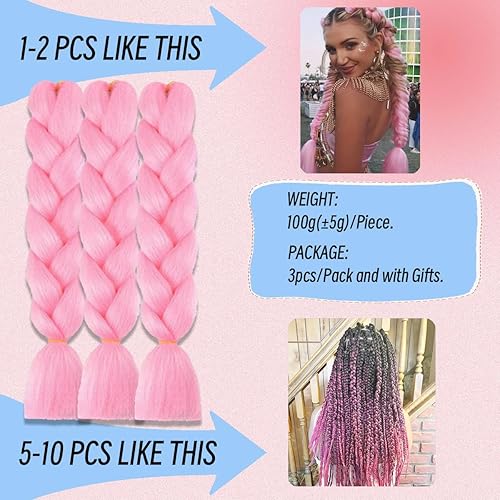 Miniatura 3 de Cabello trenzado colorido de fibra sintética sedosa, tamaño jumbo, extensiones de cabello Kanekalon suave, color rosa, trenza torcida (24pulgadas,