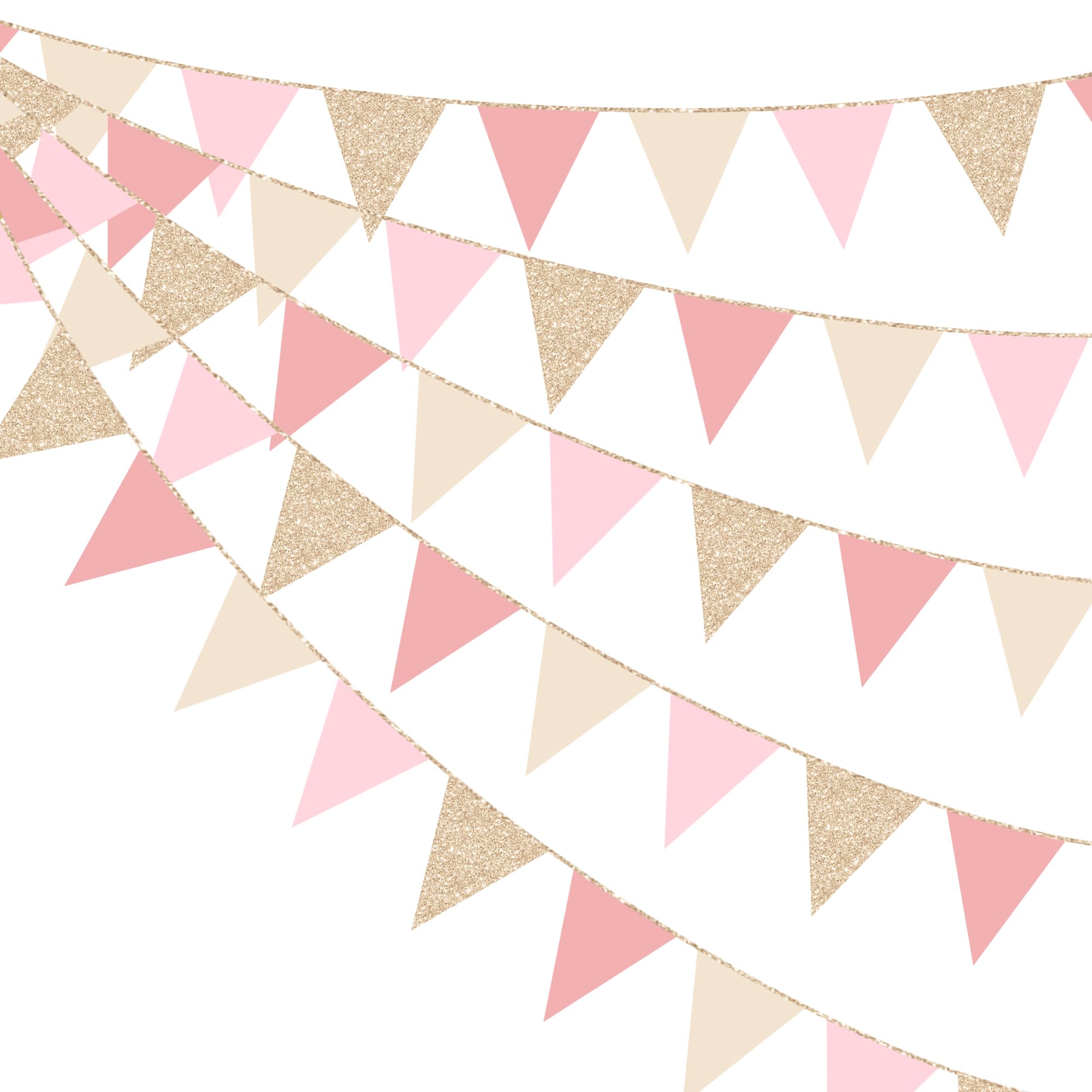30Ft Dusty Rose Pink Champagne Gold Bunting Banner Party Decorations Hanging Glitter Paper Triangle Flag Pennant for Women Girls Birthday Wedding Bridal Baby Shower Engagement Anniversary Party