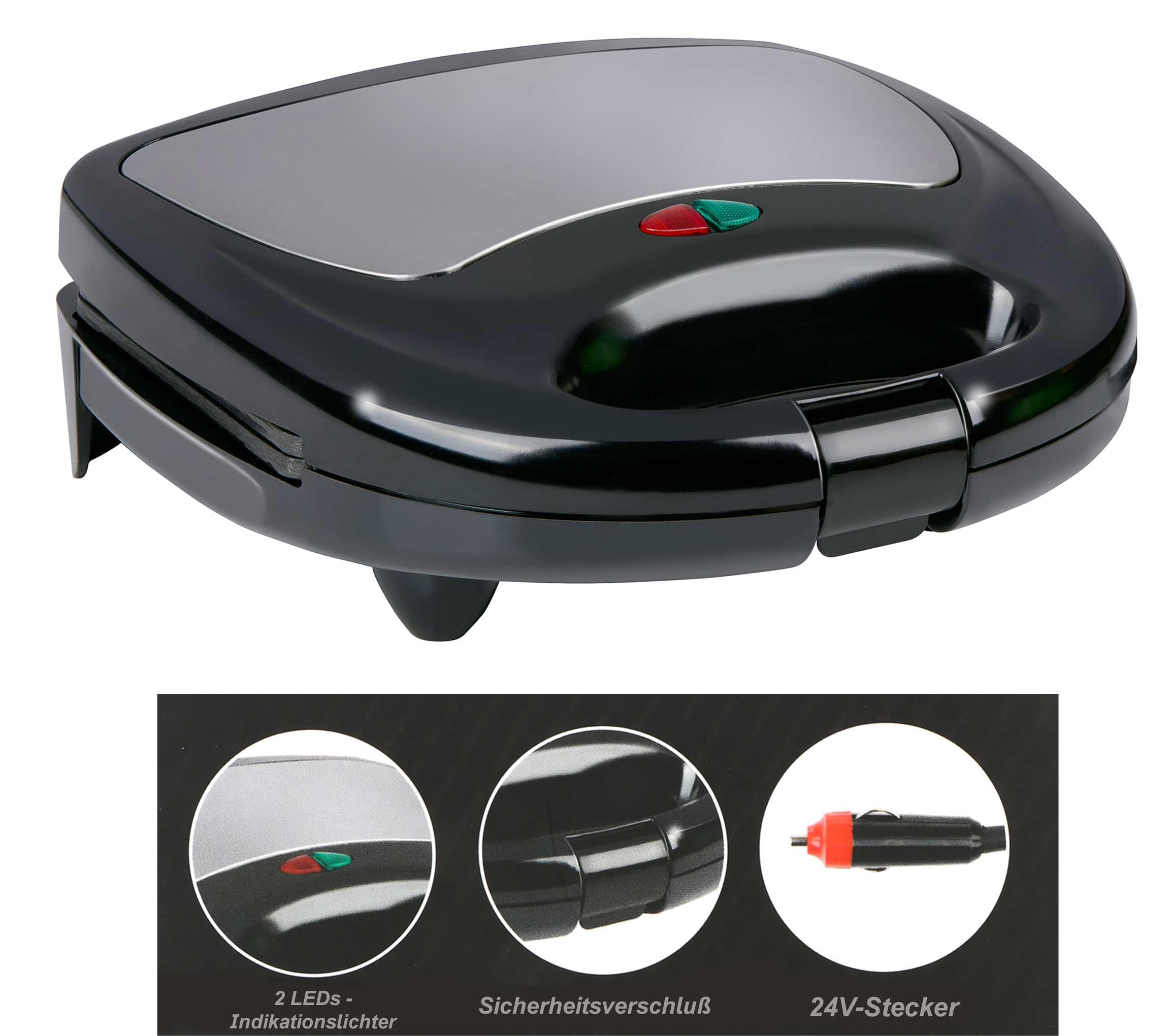 All Ride Sandwichmaker 24V – Sandwich Maker für unterwegs mit 24V Stecker – Antihaftbeschichtung für einfache Reinigung – Kompakter Toaster für LKW – 240W, Schwarz
