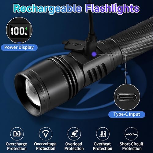 Miniatura 4 de Linternas recargables de alto lúmenes 9900, paquete de 2 linternas superbrillantes recargables, linterna LED potente, luces tácticas de mano para el