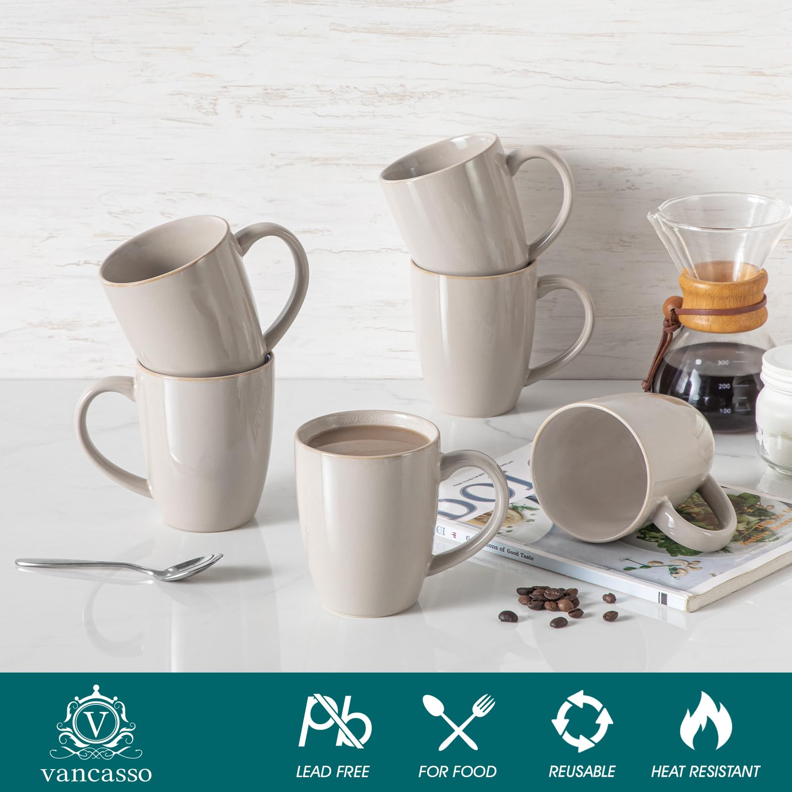 vancasso PLAYA - Juego de 6 tazas de café de cerámica de 16 onzas con asa para café con leche, té, capuchino, leche, cacao, microondas y lavavajillas, color blanco
