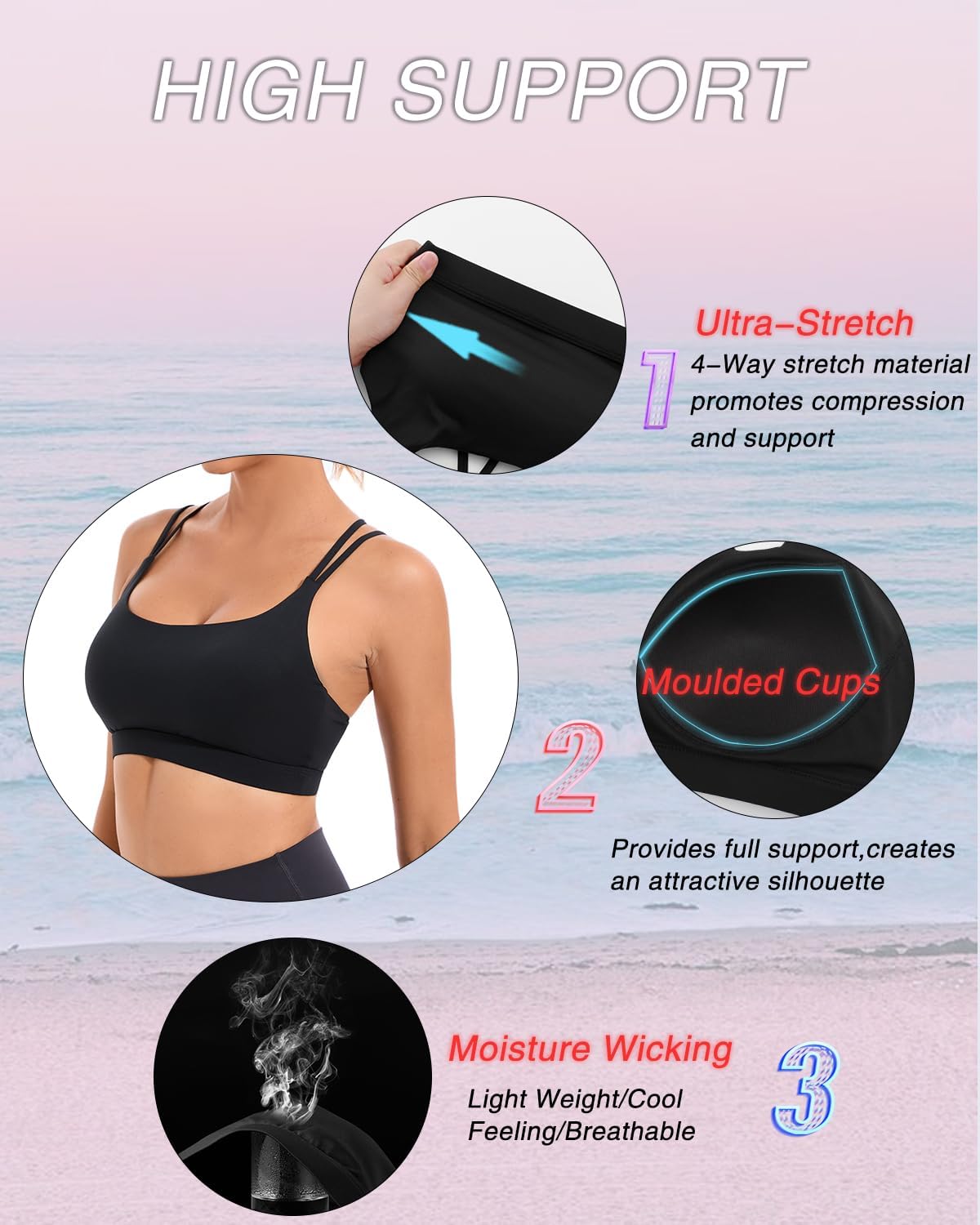RUNNING GIRL High Impact Sports Bras for Women - Scoop Neck Strappy Sports Bra High Support Moulded Cup Workout Bra - Image 2