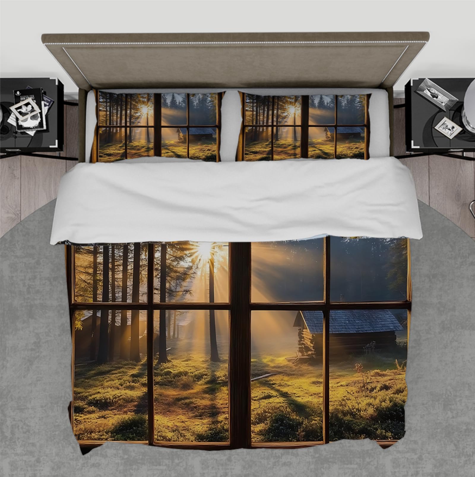 Parure de lit cabane forêt vintage housse de couette 135x200cm imprimé campagne chic
