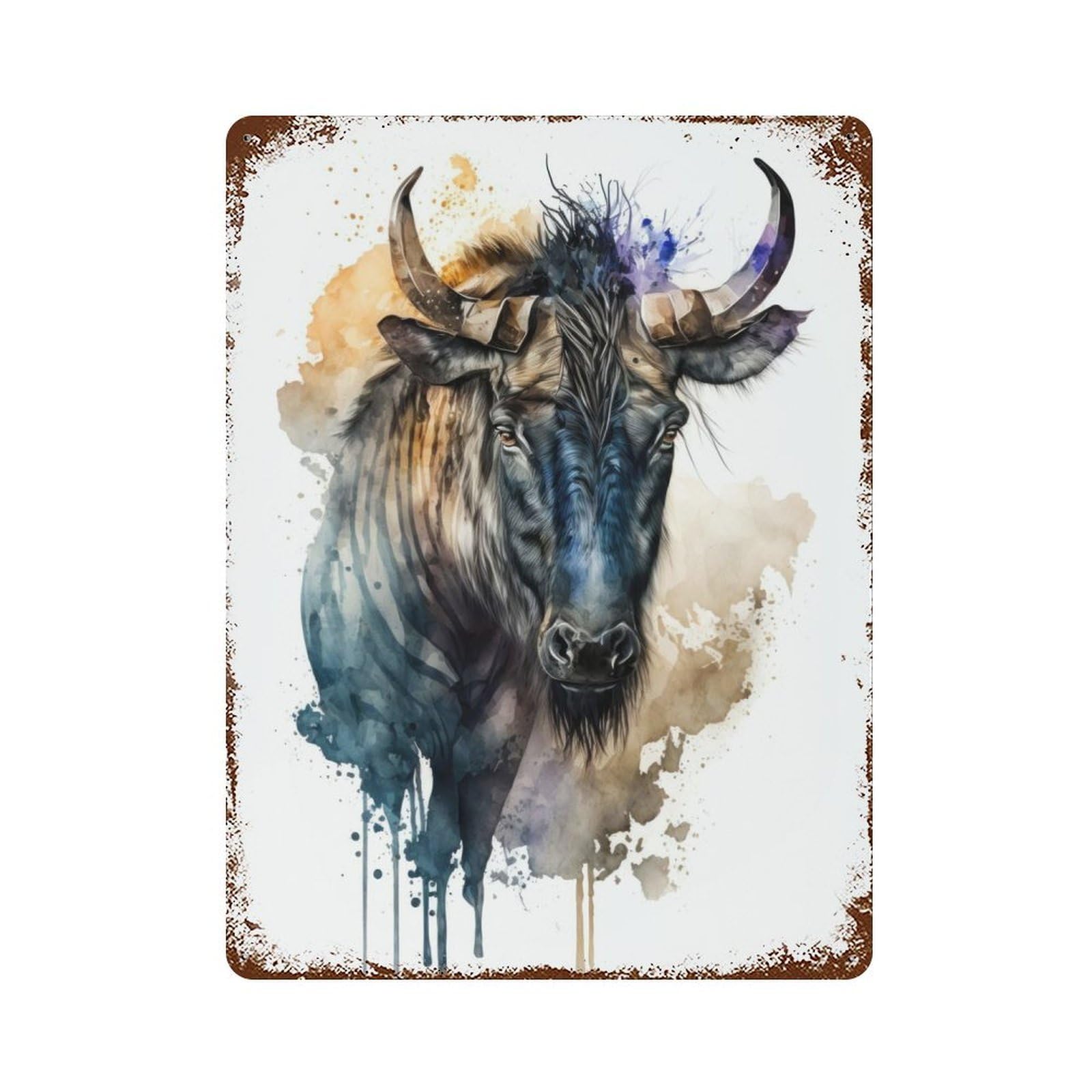 Garage Style Wildebeest in Watercolor Aged Metal Wall Plaque 15.7"x11.8", Farmhouse Wall Decor for Bar And Workshop