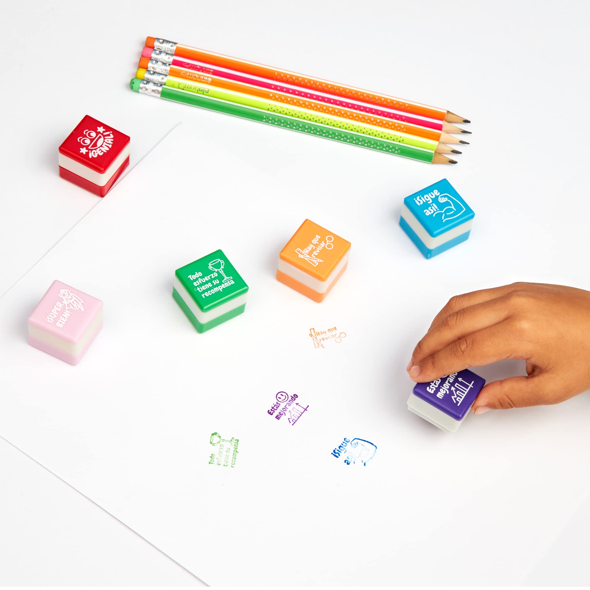 Set de 6 Sellos Cuadrado Motivacionales para Regalo Profesores y Niños, Infantiles, Colores Variados, Seguros y Duraderos, 25mm x 15mm, para Estimulación y Diversión en el Aprendizaje. (6, Español)