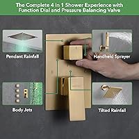 Vista 6 de VANFOXLE Juego de grifo de ducha de oro rosa cepillado, grifo de ducha con 2 en 1 de mano, cabezal de ducha LED de 16 pulgadas + cabezal de ducha
