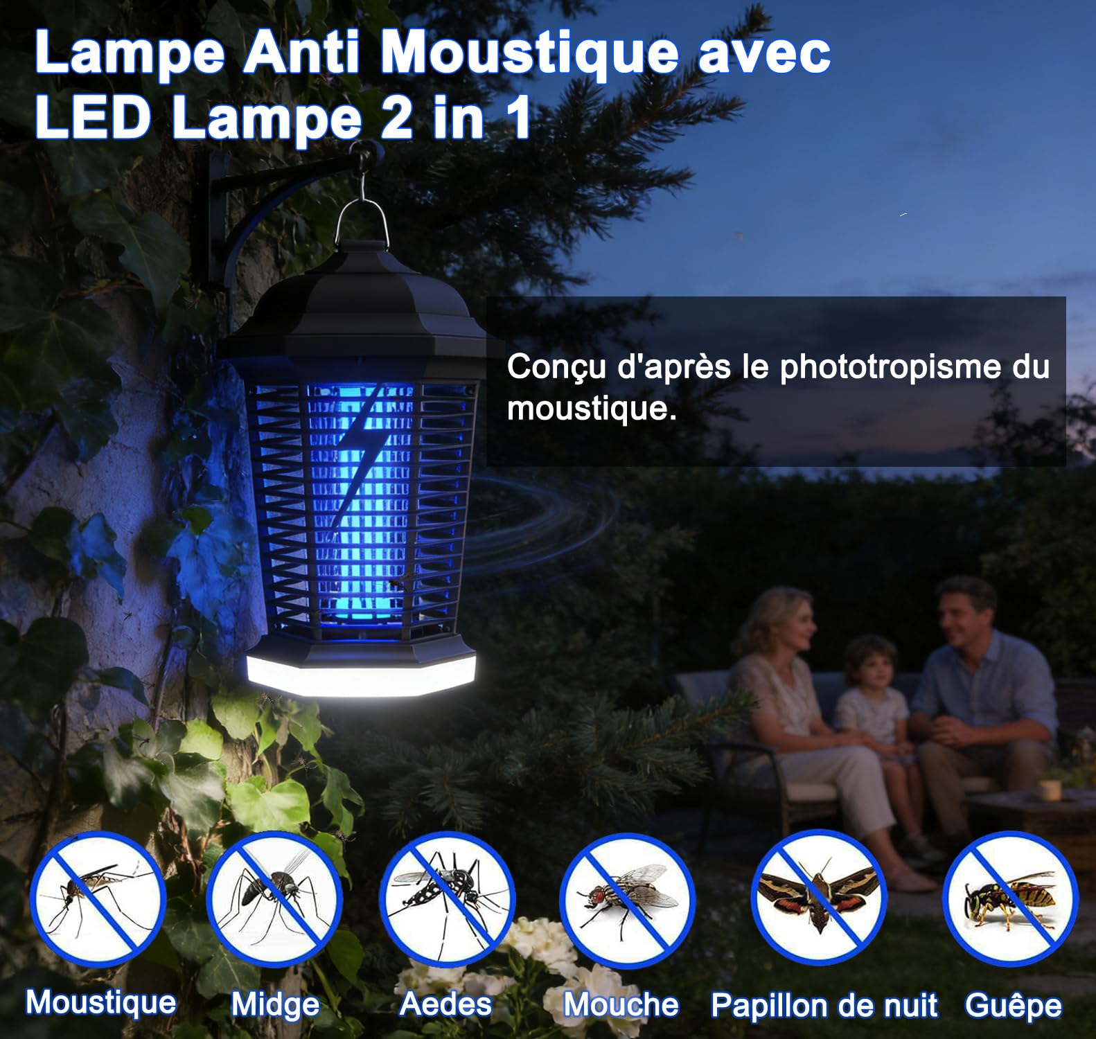 Lampe Anti Moustique avec éclairage LED, 4000V 18W UV Tueur d'Insectes Électrique Anti Insectes Répulsif Efficace Portée 80-100m², Étanche IPX4, pour Intérieur et Extérieur