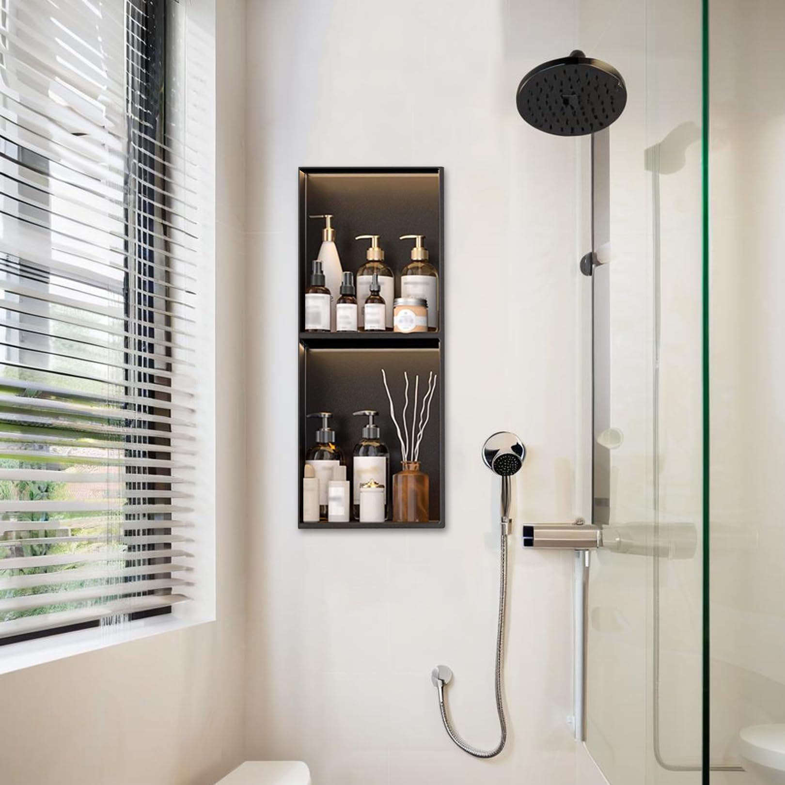 Niche de douche inox haut de gamme étagère murale encastrée noir mat design épuré sans carrelage