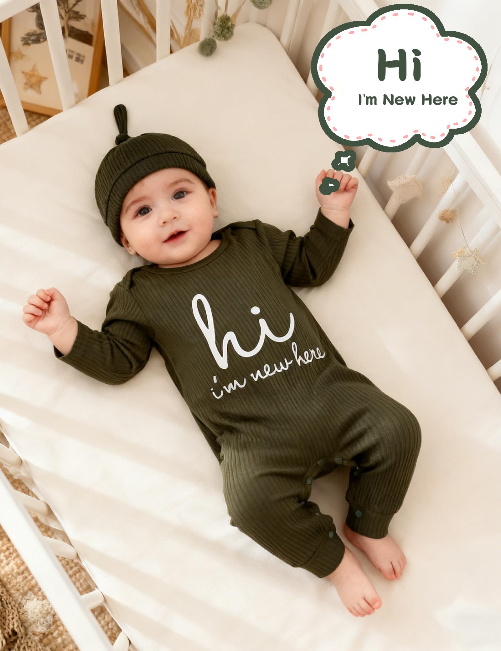 Unisex noworodek onesie prążkowane śpioszki dla małych dzieci z długim rękawem Pjs Jumpsuit kapelusz i rękawiczki