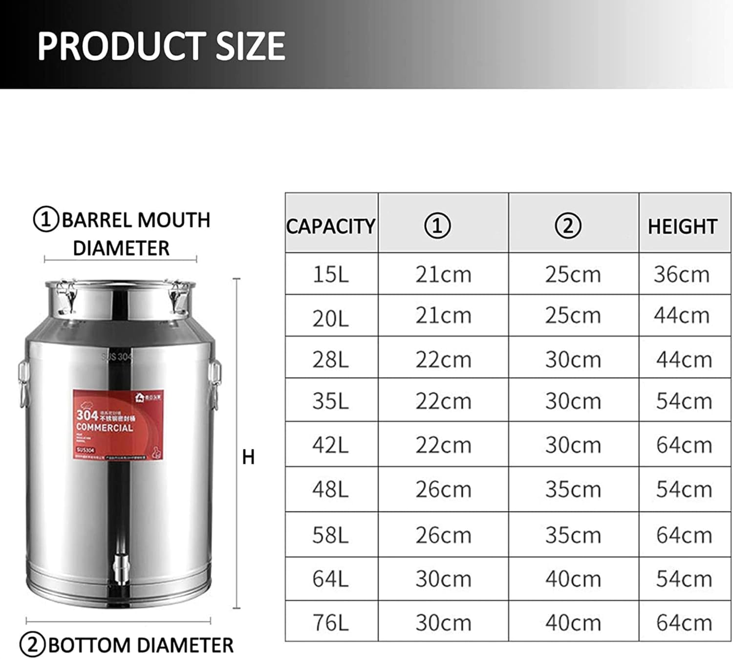 304 Stainless Steel Milk Can - Milk Oil Water and Wine Transport Barrels with Sealed Lid and Spigot for Liquid Storage Container,76l 40 * 64cm