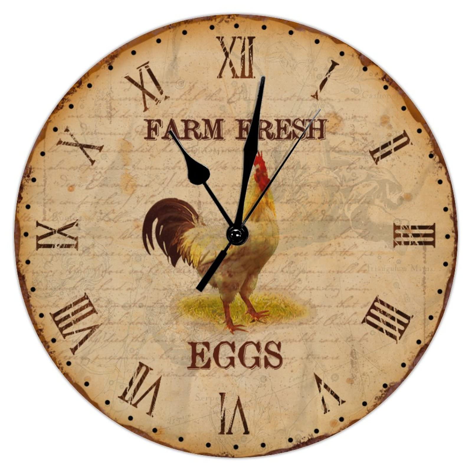 Horloge murale sans tic-tac en bois de 38 cm avec grand cadran motif poule vintage