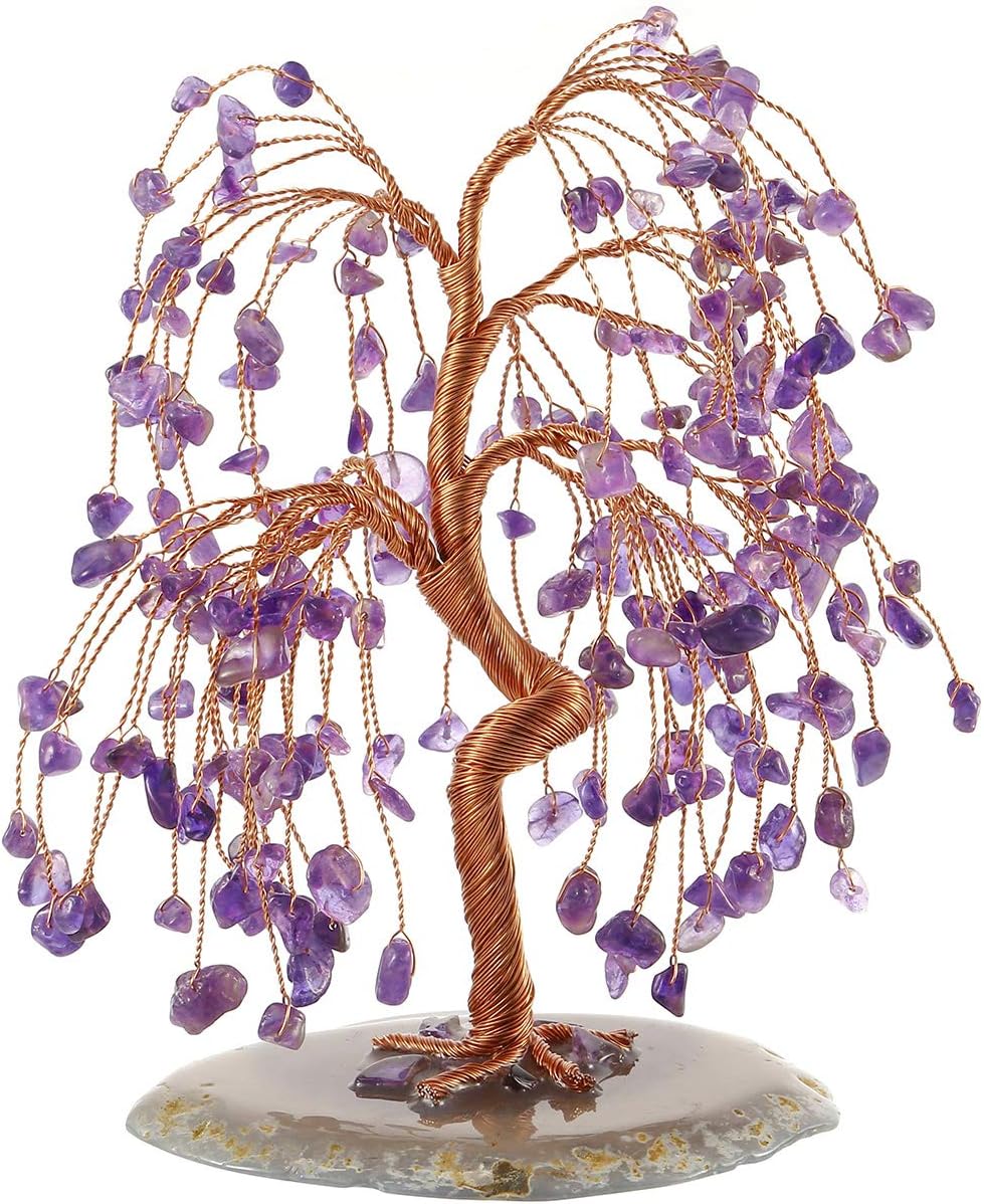 Top Plaza Amethyst Chakra Healing Crystals Copper Money Tree Wrapped On Natural Agate Slices Geode Base Lucky Reiki Feng Shui Figurine Statue