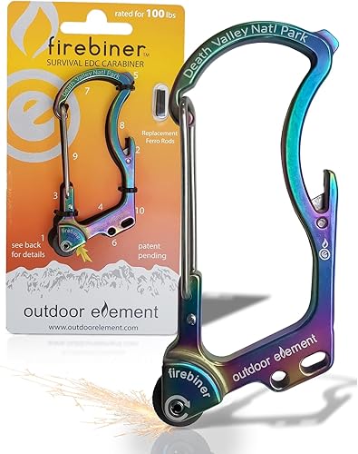 Miniatura 8 de OUTDOOR ELEMENT Firebiner Custom Engraved 6-in-1 Fire Starter Carabiner Multitool – Survival Gear EDC Keychain with Utility Blade, Bottle Opener, GT