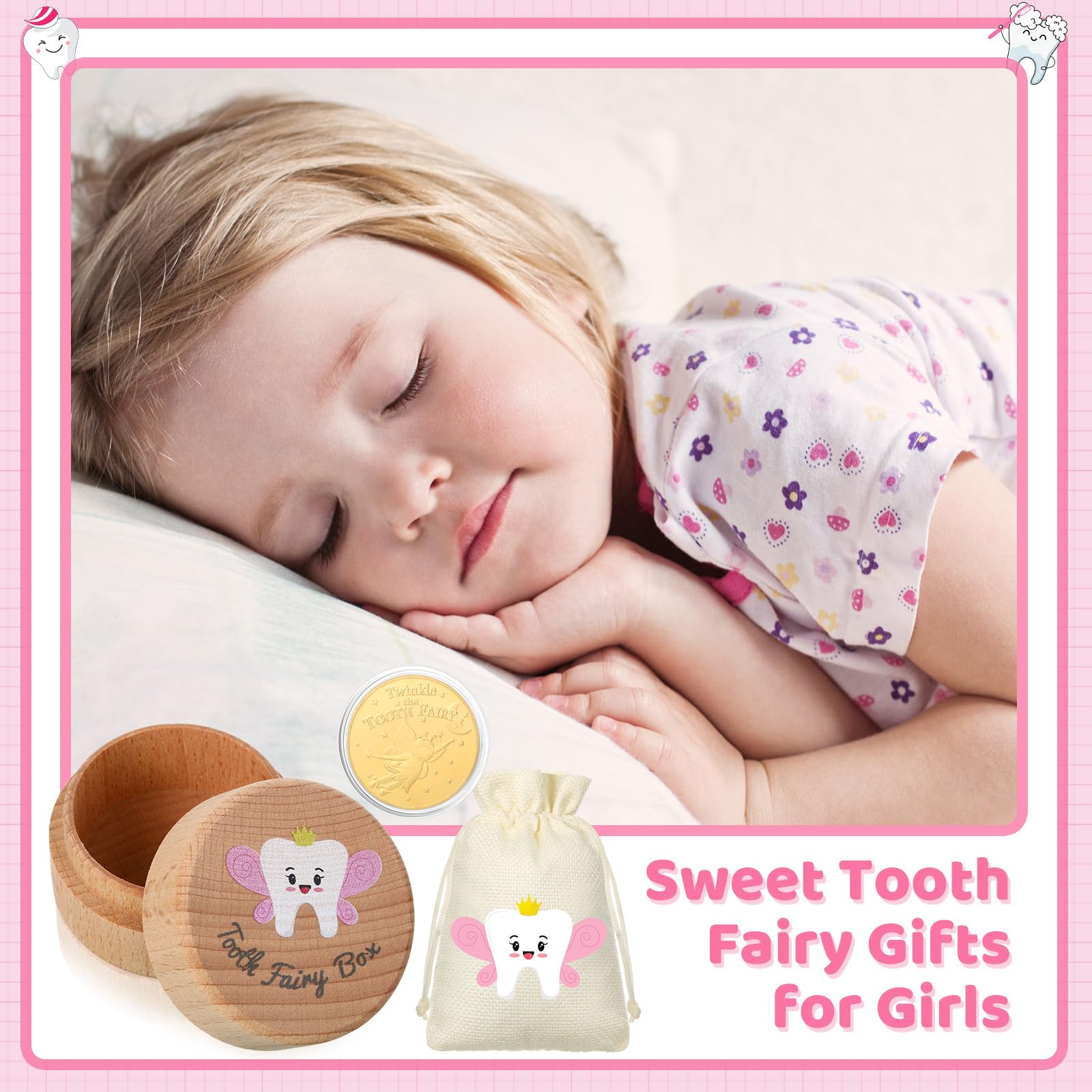 Equsion 3 Pcs Tooth Fairy Gifts for Girls and Boys Tooth Fairy Box Coin Unicorn Bag with Gold Foil Reward Coins Wood Baby Keepsake Box for Lost Teeth Kids Birthday Gift(Pink)