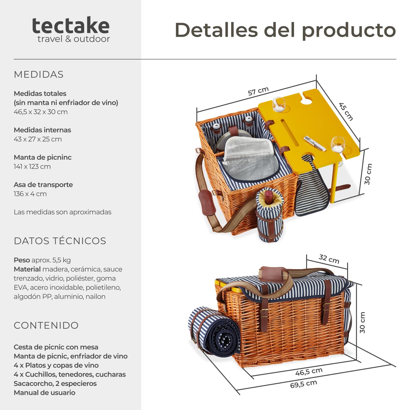tectake® Cesta Picnic de Mimbre 4 Personas, con Manta Impermeable, Nevera Portatil, Mesa, Nevera Playa, Cesta Mimbre Vajilla de 20 Piezas, sacacorchos, salero y Enfriador de Vino - Modelo Langeoog