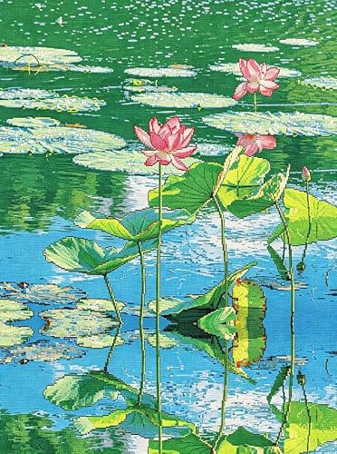 FanZheZhe Printed Cross Stitch Kits for Adults Beginners 11 Count Counted Stamped Pre Printed Cross Stitch Embroidery Kits DIY Home Decoration Lotus 40x50cm