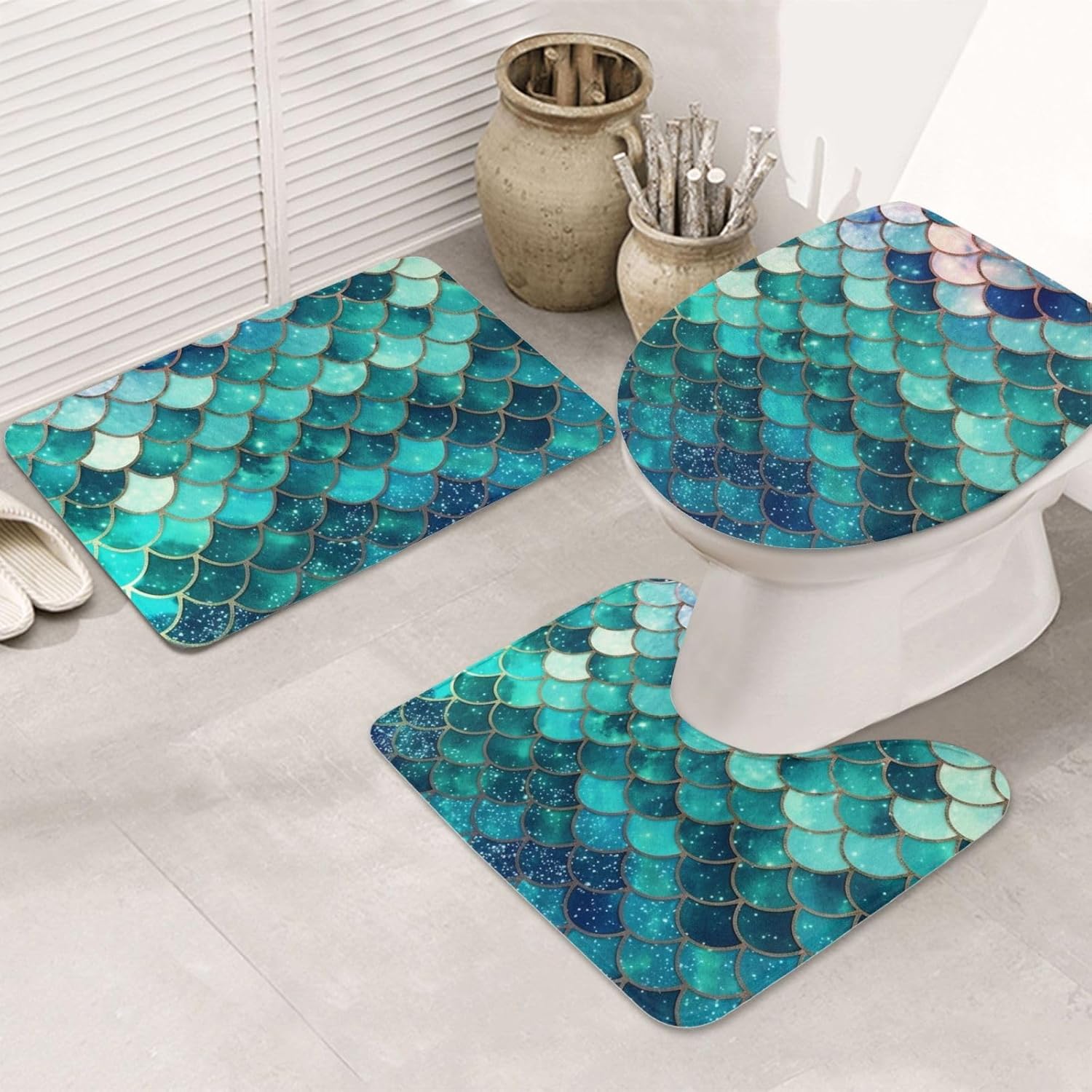 Bathroom Rugs Sets 3 Piece, Mermaid Fish Scale Print Print Bath Mat Set with Non-Slip Rugs, Toilet Lid Cover and Bathroom Mat, Flannel Rugs for Bathroom Decor