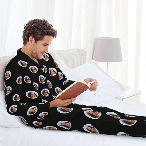 Personalized Pajamas Set for Women Men,Customized Face Sleepwear Nightwear Gift,Button Down Matching Couples