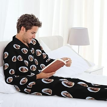 Personalized Pajamas Set for Women Men,Customized Face Sleepwear Nightwear Gift,Button Down Matching Couples
