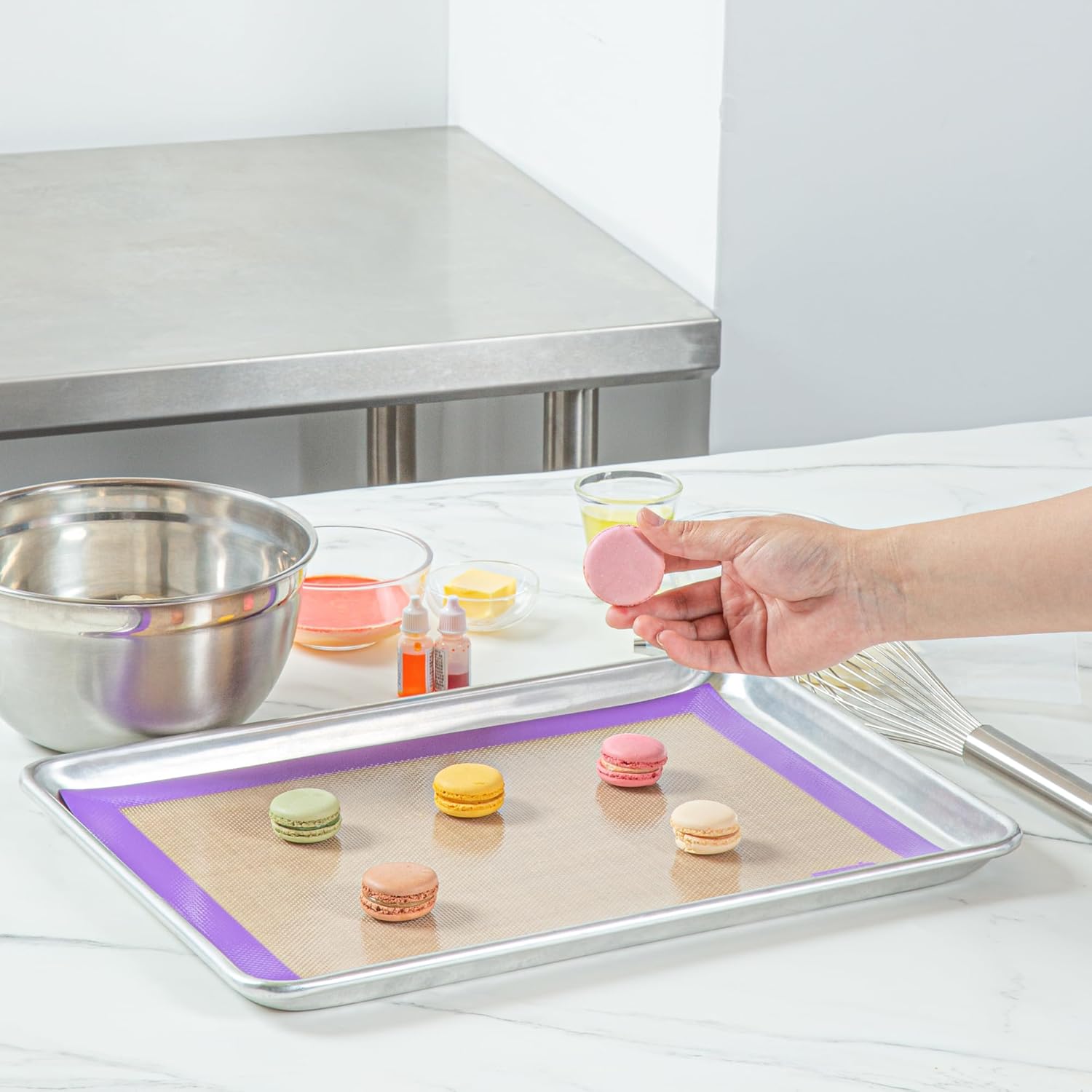 Restaurantware Half Size Baking Mat 1 Heat-Resistant Cooking Mat - Allergen-Safe Reusable And Ultra-Durable Tan And Purple Silicone Nonstick Mat For Pans And Rolling 11.8 x 15.75 Inch