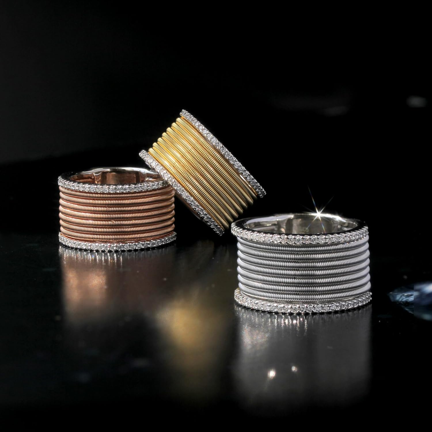 DoubleAccent 14K Yellow Gold Plated Sterling Silver Modern Style Wire Mesh Design CZ Pave Band Right Hand Ring 12mm