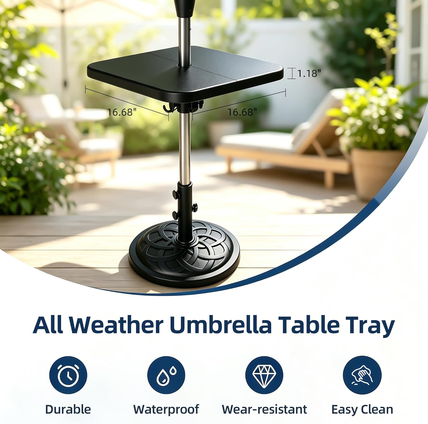 Outdoor Patio Umbrella Table Tray with 3 Hooks-16.68" Square Pool Side Table, Fits 1.5" Umbrella Pole, 28.6 lbs Capacity, Non-Slip UV-Resistant ABS, for Beach, Backyard, Deck(Black)