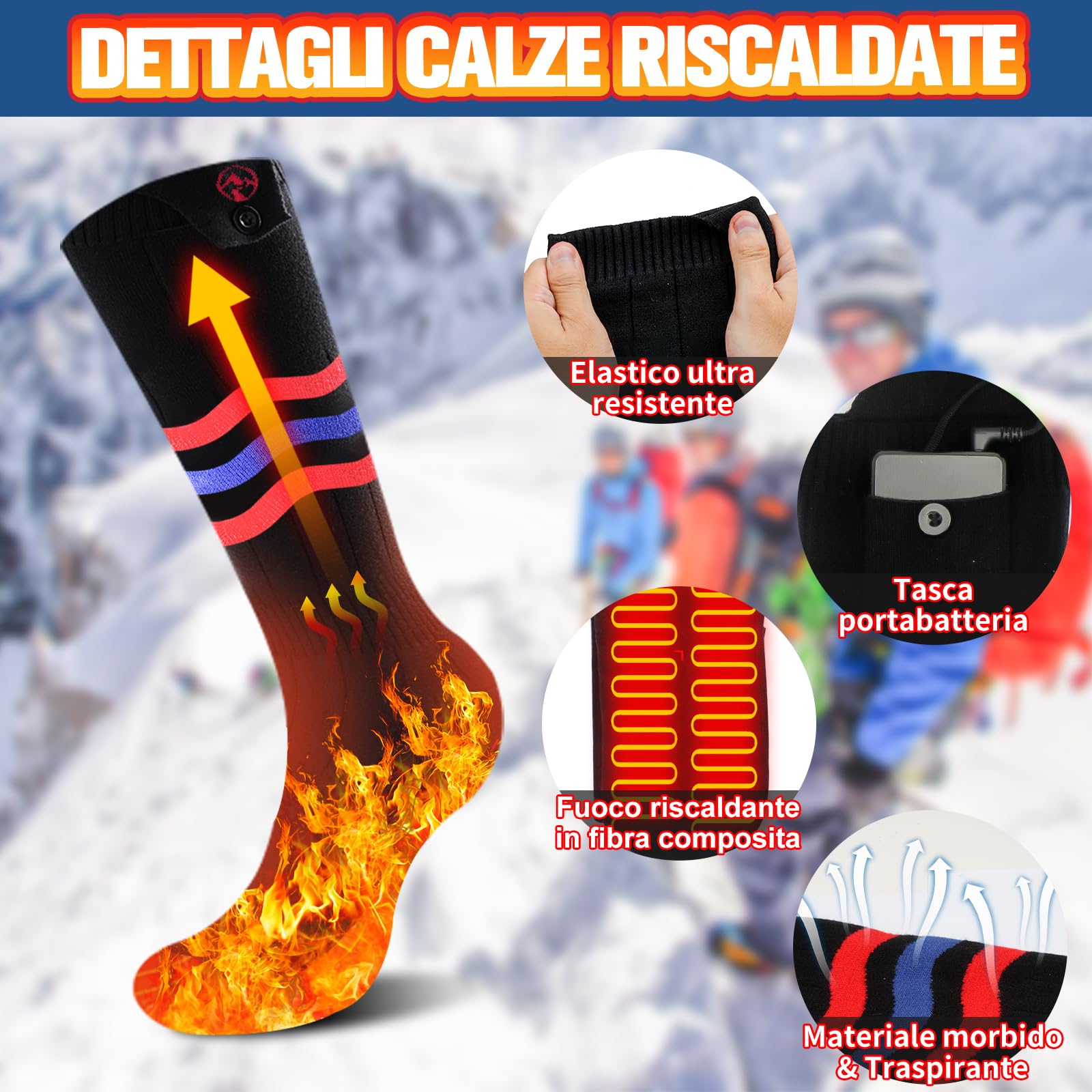 Multper Calze Riscaldate a Batteria per Uomo e Donna, 2×5000mAh Calze Termiche Ricaricabili, 3 Livelli di Calore, Calzini Termici Lavabili, Scaldapiedi Elettrico per Sport, Sci, Campeggio