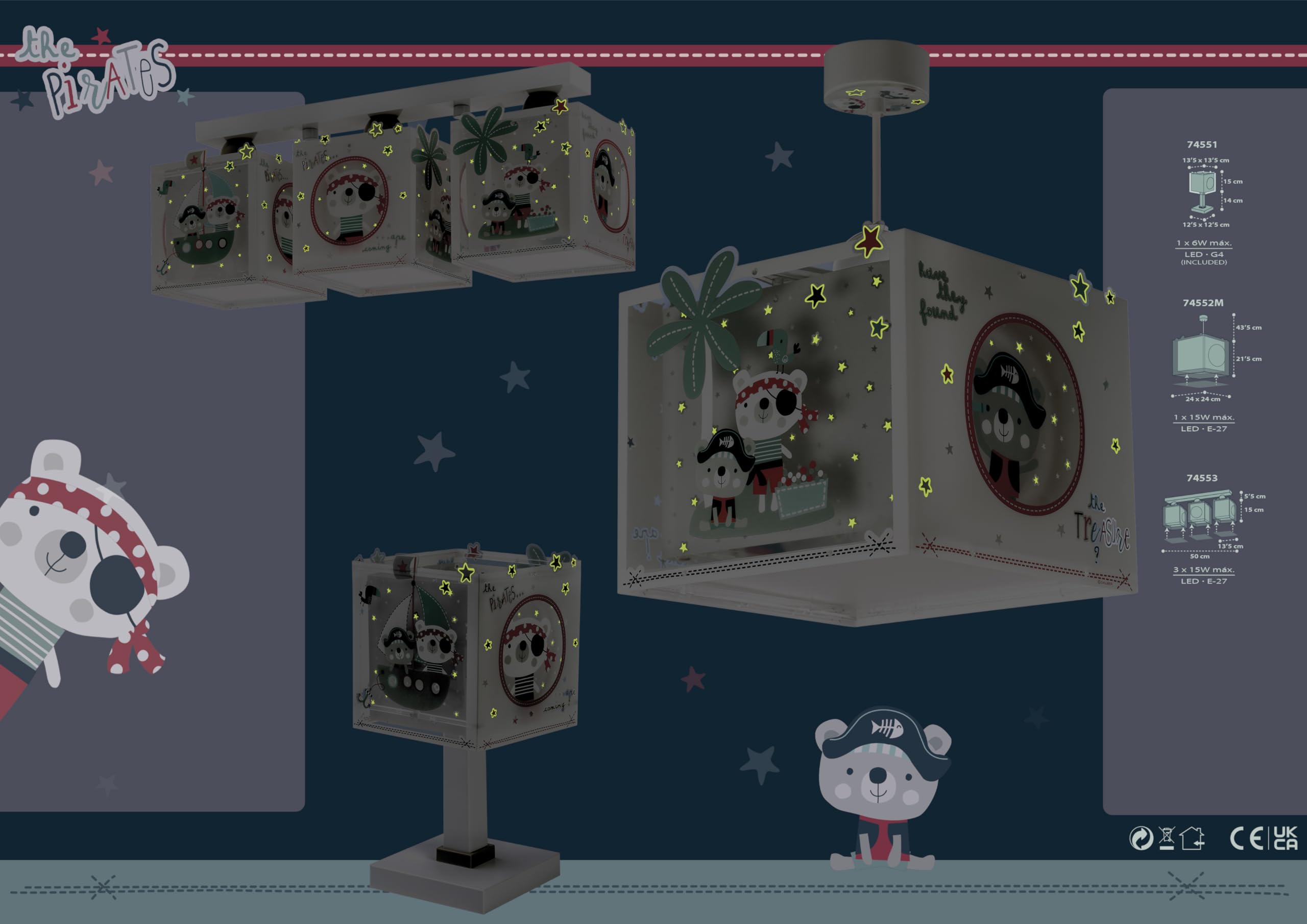 Dalber Lámpara Plafón Techo Infantil 3 Luces Piratas 74553 E27 | E27 - 3 x 15W; plafones infantiles