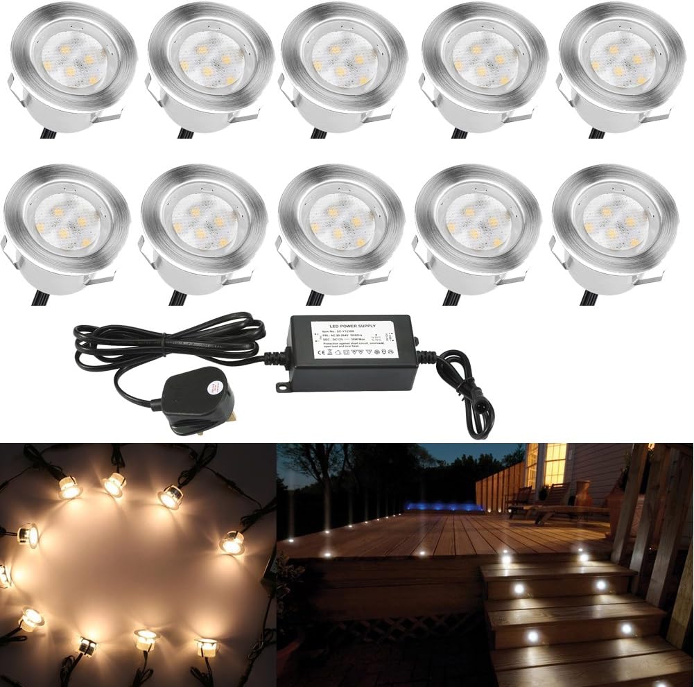 QACA 10x Low Voltage Outdoor Led Decking Lights 45mm Kitchen Plinth Garden Stair Decking Patio Lighting Pathway Recessed Underground Step Path Lamps DC 12V Waterproof IP67 Warm White