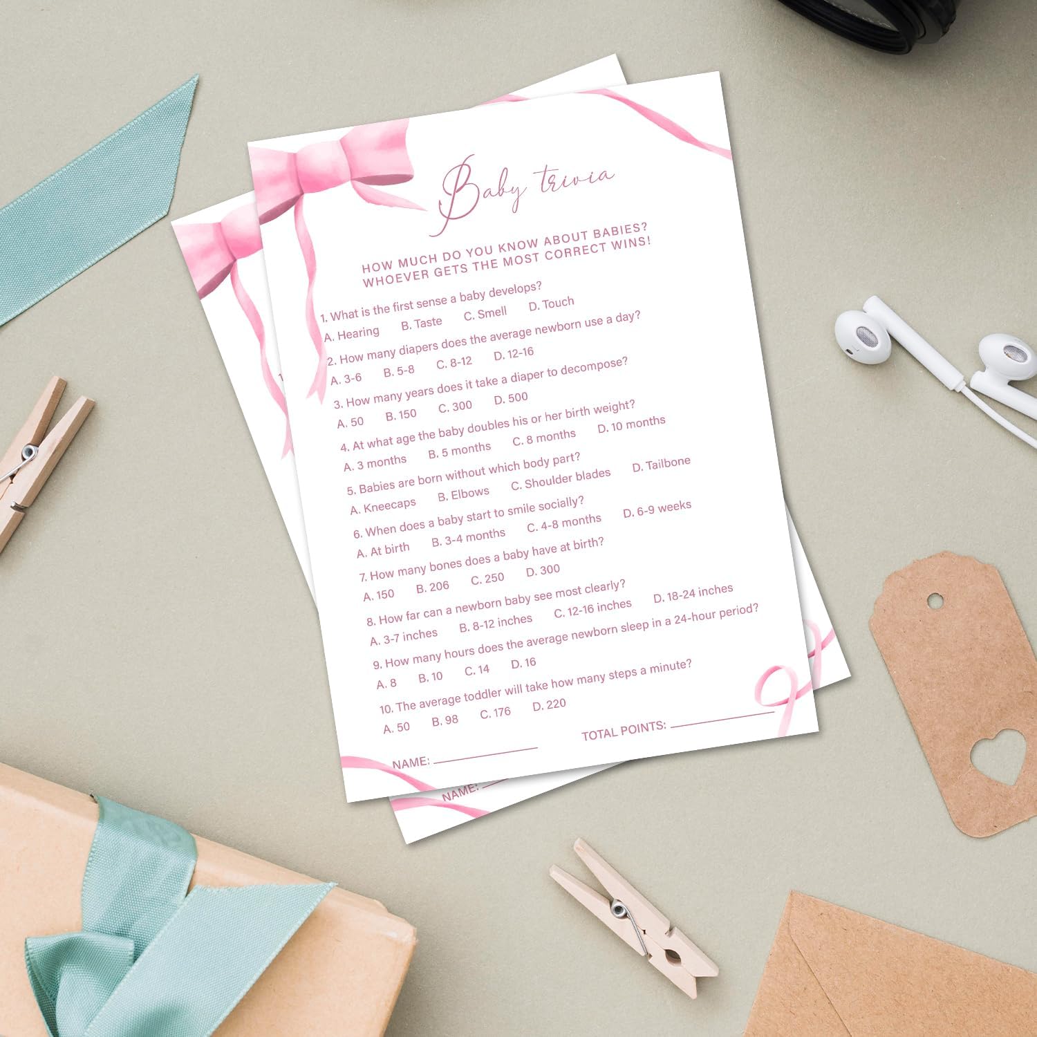 Pink Bow Baby Trivia Games, 30 Double-Sided Game Cards with 1 Answer Card, Baby Shower Games Activity Gender Reveal Party Supplies -p02 image 3