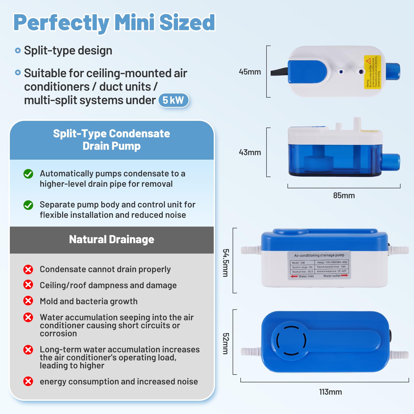 BAOSHISHAN Pompe à condensat 24L/H Mini pompe à condensat split avec une capacité d'eau de 60ML pour climatisation 5KW