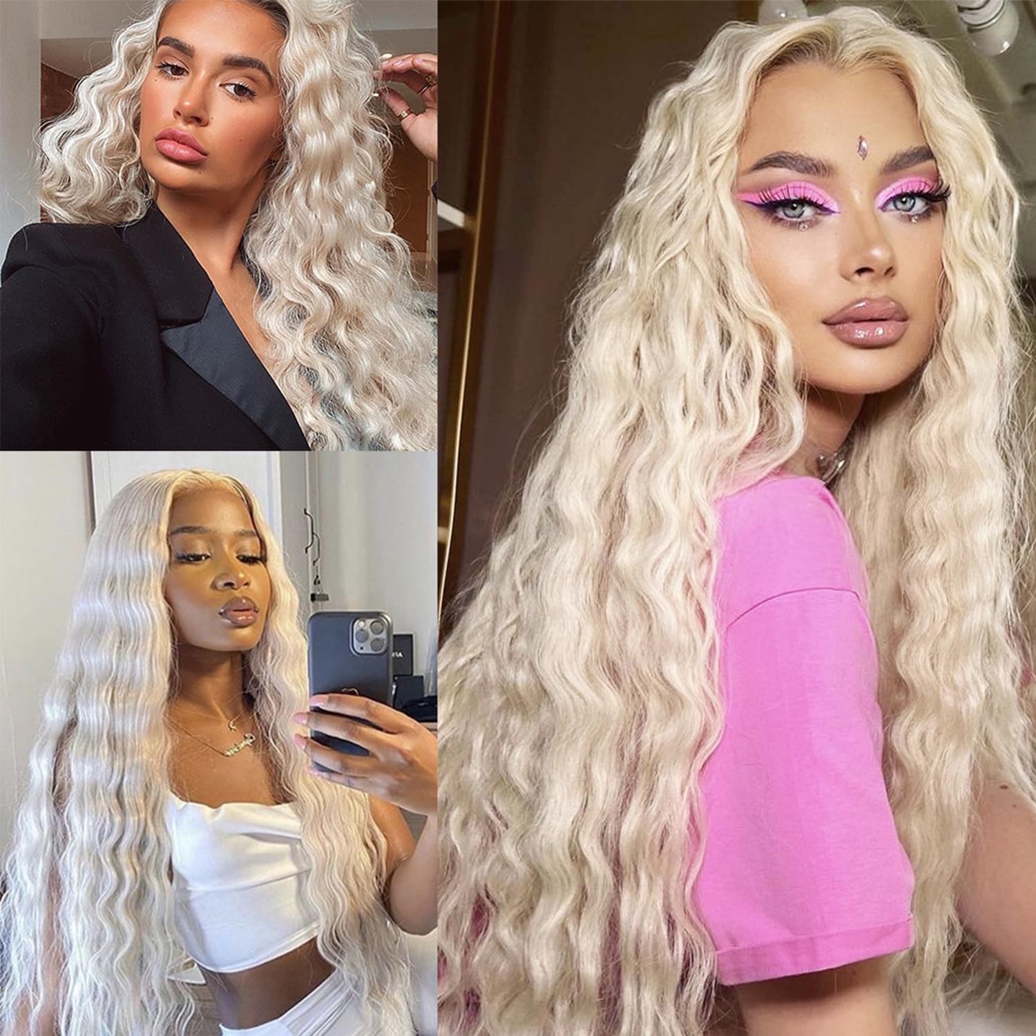 Platinum White Loose Curly Lace Front Wigs Long Deep Wave Glueless White Color Wigs Pre Plucked Hairline Heat Resistant Soft Fiber Hair Synthetic Lace Front Wigs for Black Women