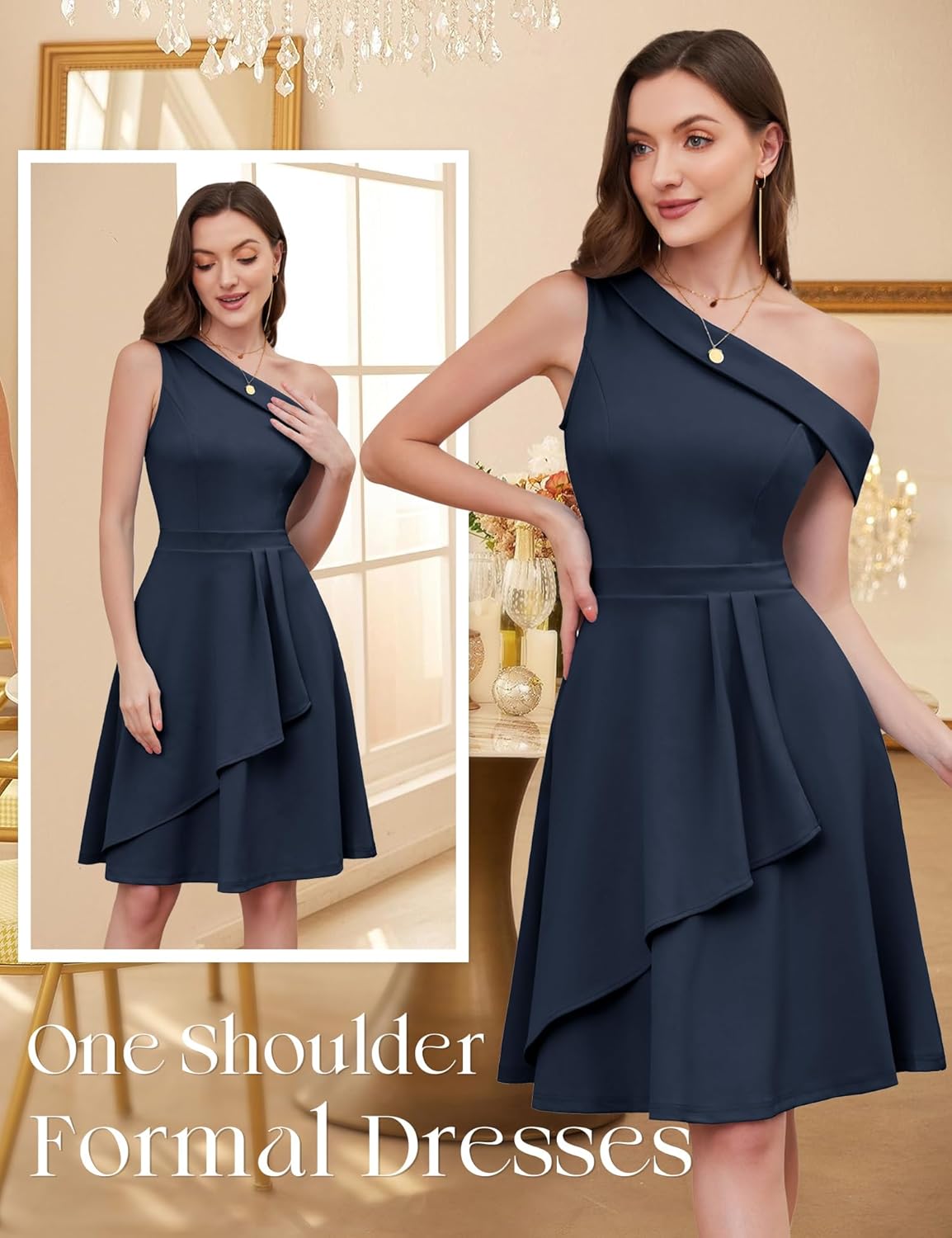 Dressystar Women One Shoulder Ruffle Wedding Guest Dress Spring A Line Wrap Knee Length Cocktail Formal Dresses with Pockets - Image 4