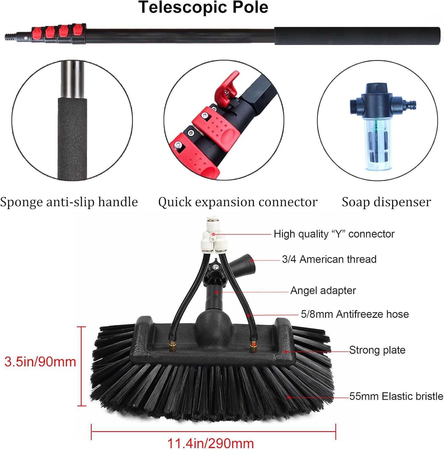 9M Telescopic Window Cleaner - Water Fed Hydrocleaner for Conservatory Roof Gutter & Caravan Cleaning - Squeegee Soap Dispenser & Brush for Easy Reach