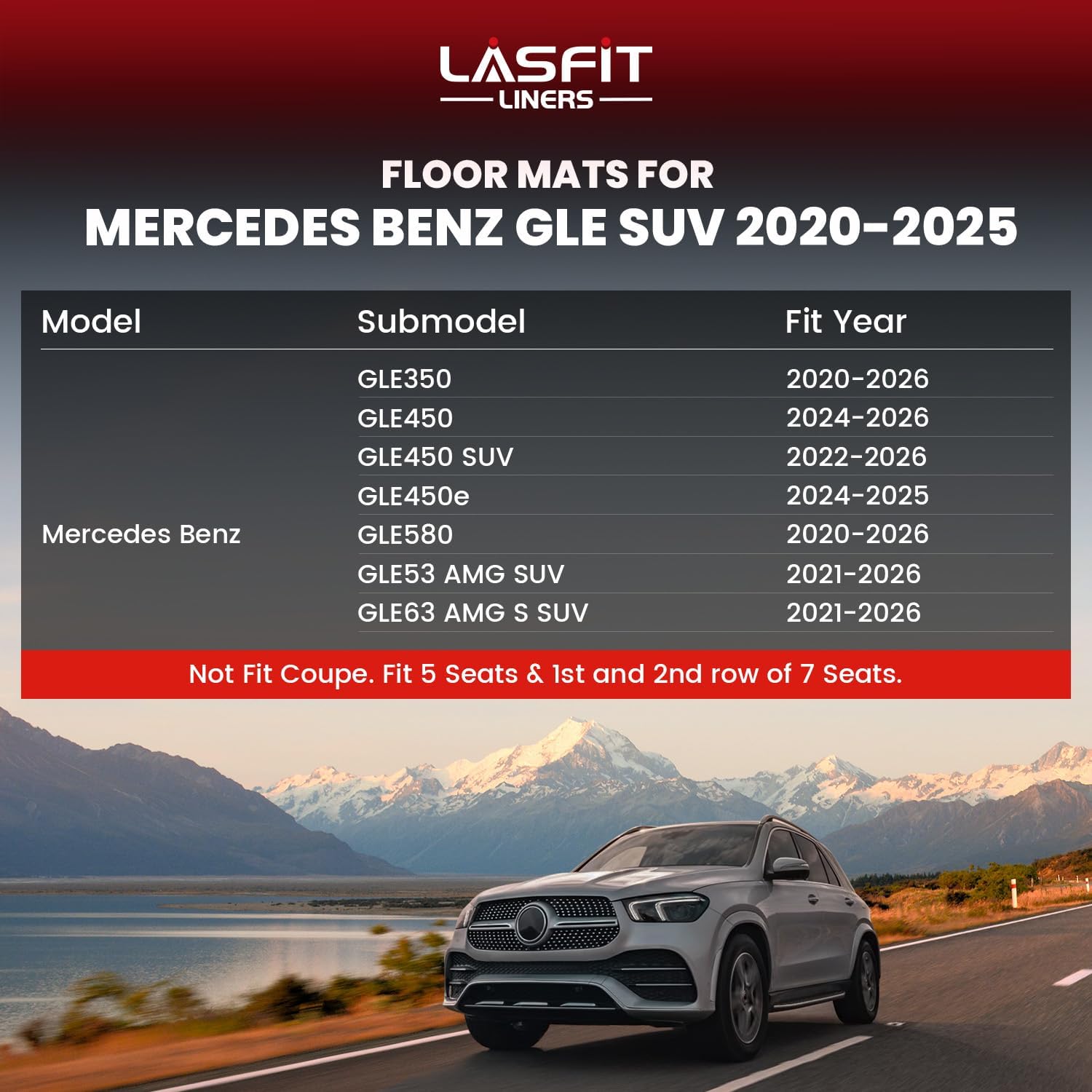LASFIT Floor Mats for Mercedes Benz GLE SUV 2020-2026 350/450 / 450e / 580/53 AMG / 63 AMG S (Not Fit for Coupe), All Weather TPE Floor Liners Custom Fit GLE Car Mats, 1st & 2nd Row Set, Black
