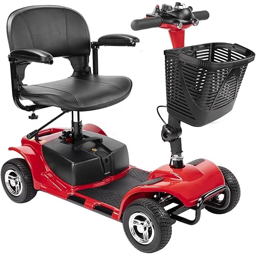 4 Wheel Mobility Scooters for Adults, Folding Mobility Scooter for Seniors, 265 lb Capacity Electric Scooter with Basket, Powered Mobility Scooter for Travel, Long Range Power Battery, Red