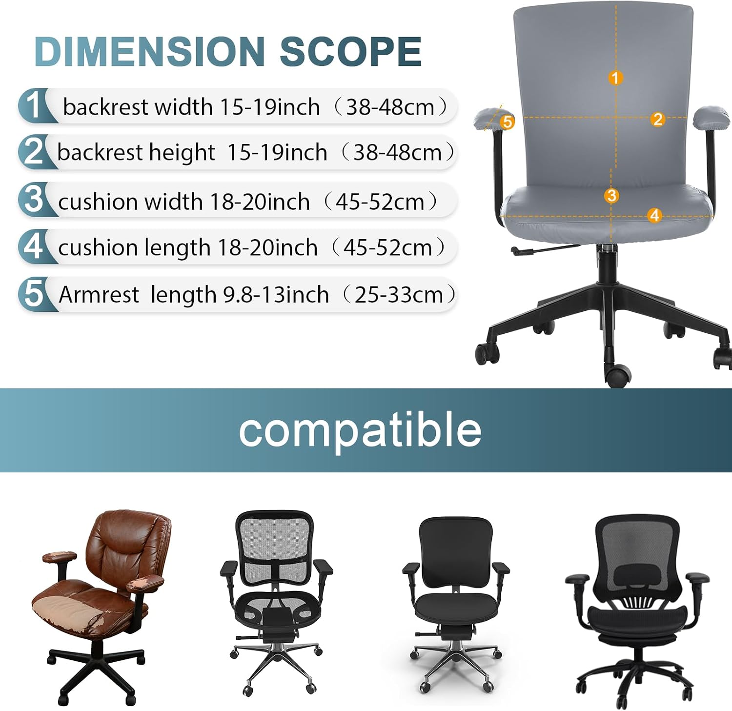 Tallew 4 Pcs Office Chair Covers PU Leather Office Desk Accessories Universal Computer Chairs Cover Stretchable Protective Chair Seat Covers Desk Armrest Cover Slipcovers Rotating Backrest(Grey) image 3